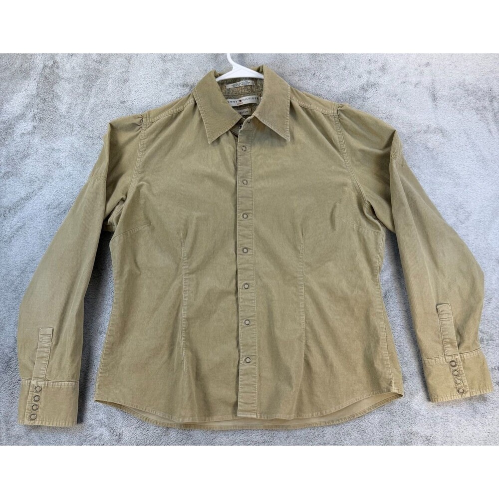 Tommy Hilfiger Jeans Women's Stretch Corduroy Shirt Khaki Y2K Logo XL Vintage